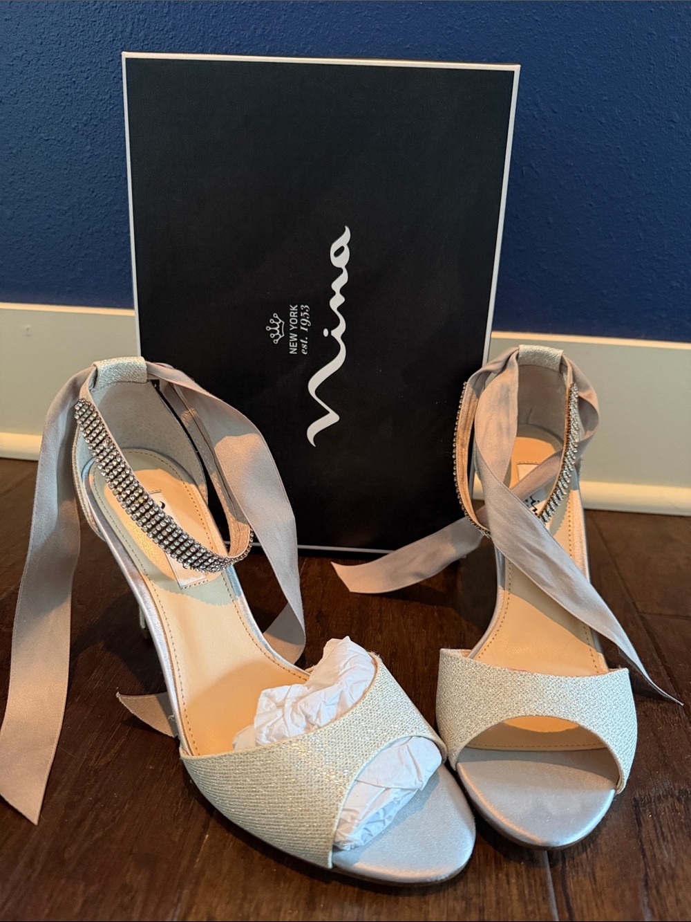 Nina Silver Open-Toe Ankle Wrap Heels with Ribbon and Rhinestones
